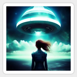 A girl looking at UFO in the sky Magnet